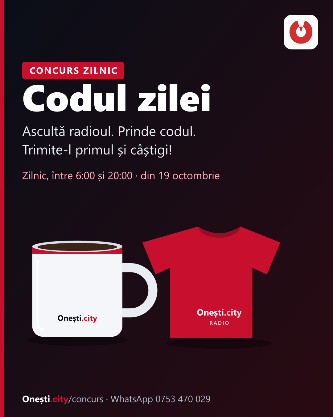 Codul zilei — concurs Onești City Radio, premii: cană și tricou Onești City